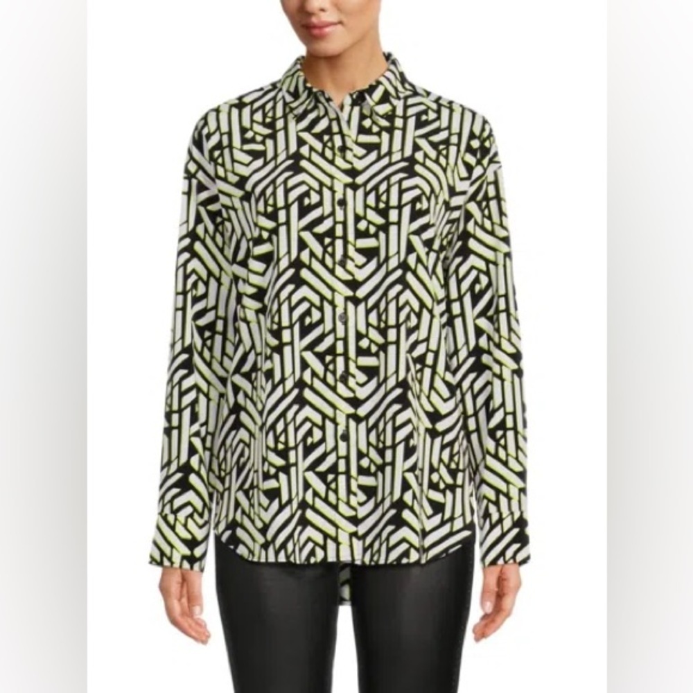 Geometric Print Long-Sleeve Blouse in Black & Light Green